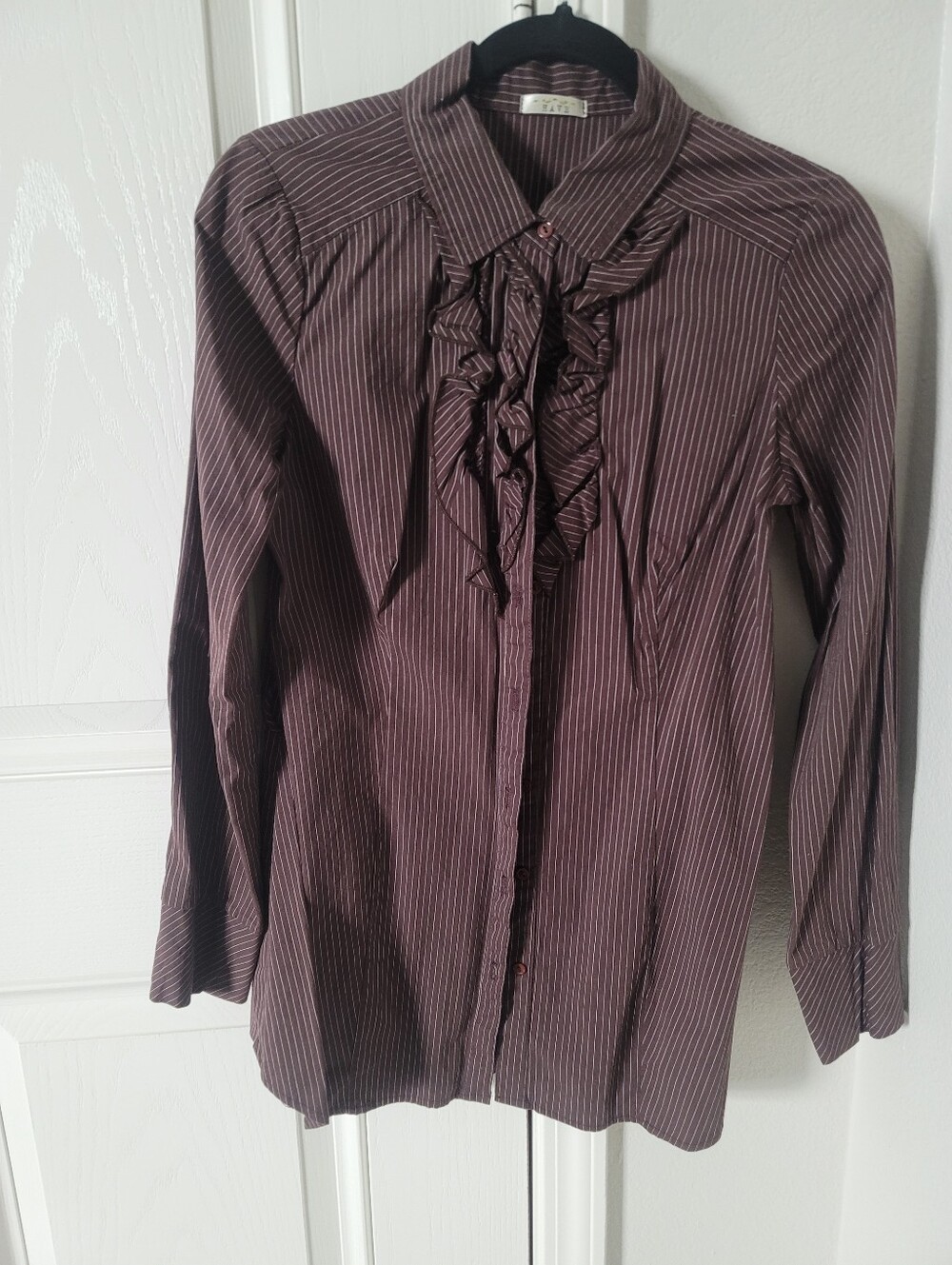 HAVE Brown With White Stripes Pinstripe Ruffle Blouse